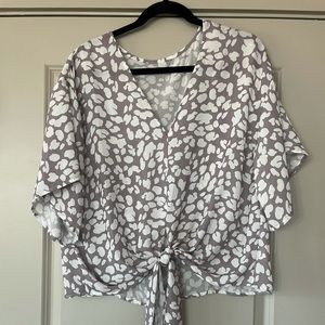 Grey leopard print front tie blouse